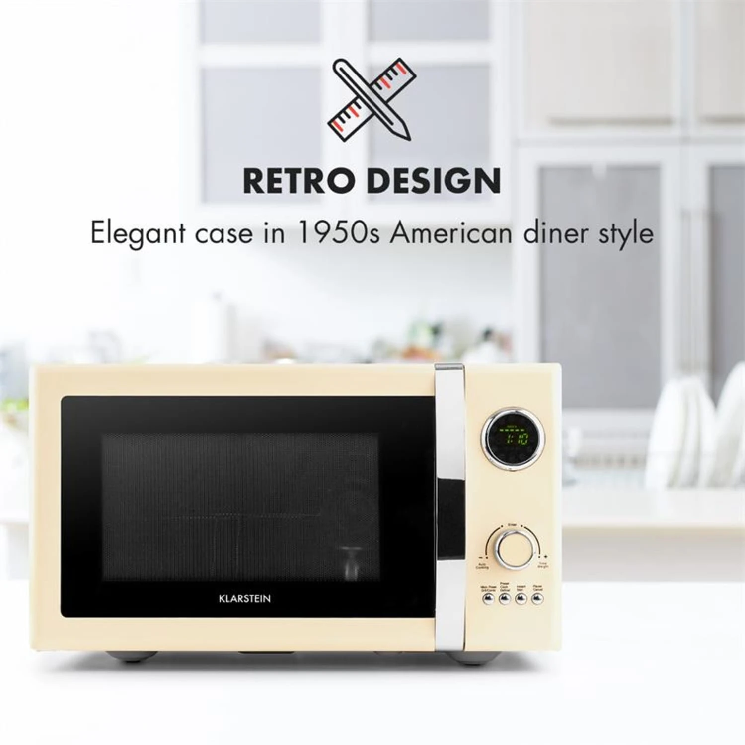 Fine Dinesty 2in1-Mikrowellen-Ofen Retro 23L 1000W 12 Programme Creme 3 Fine Dinesty 2in1-Mikrowellen-Ofen Retro 23L 1000W 12 Programme Creme – Bild 3