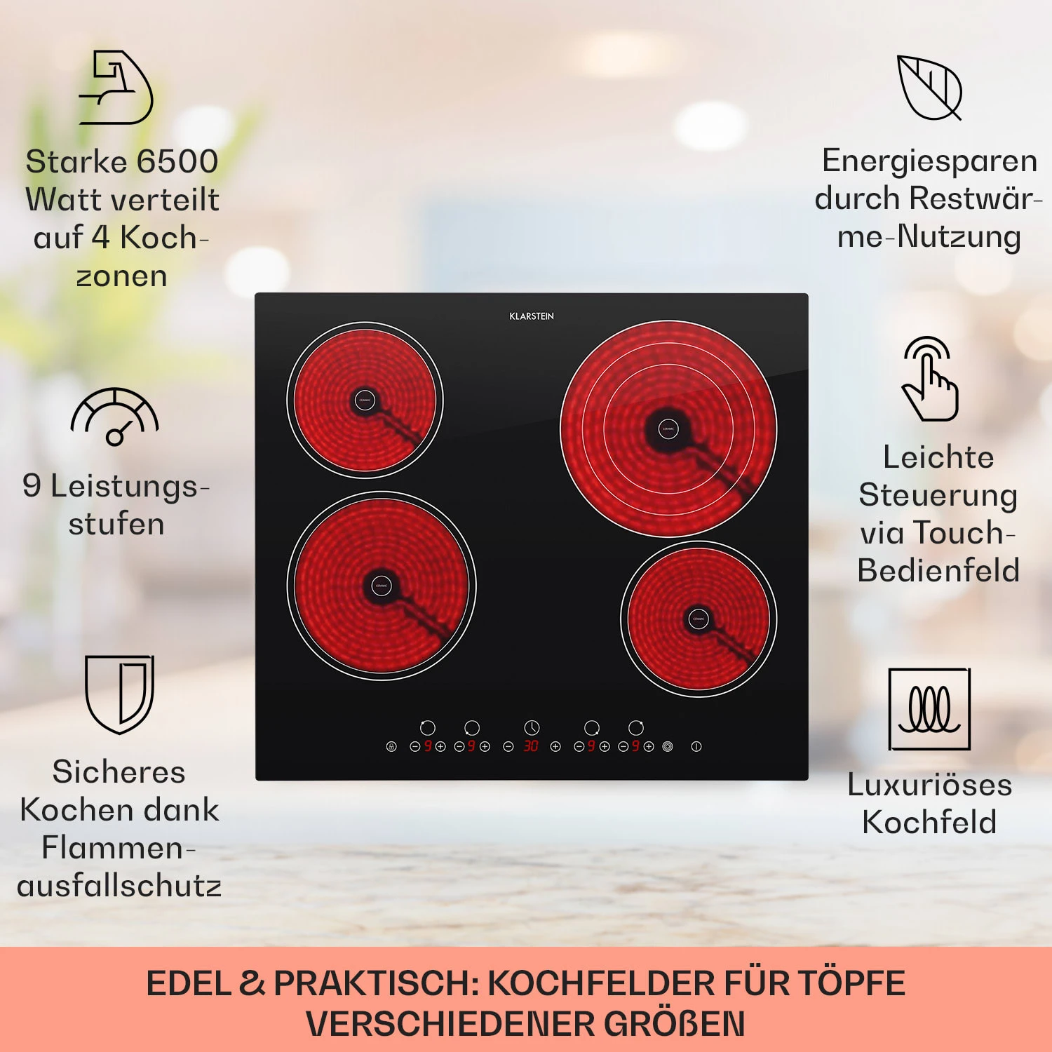 Virtuosa Keramikkochfeld Einbauherd 6500W 59x52cm 4 Zonen Glaskeramik 2 Virtuosa Keramikkochfeld Einbauherd 6500W 59x52cm 4 Zonen Glaskeramik – Bild 2