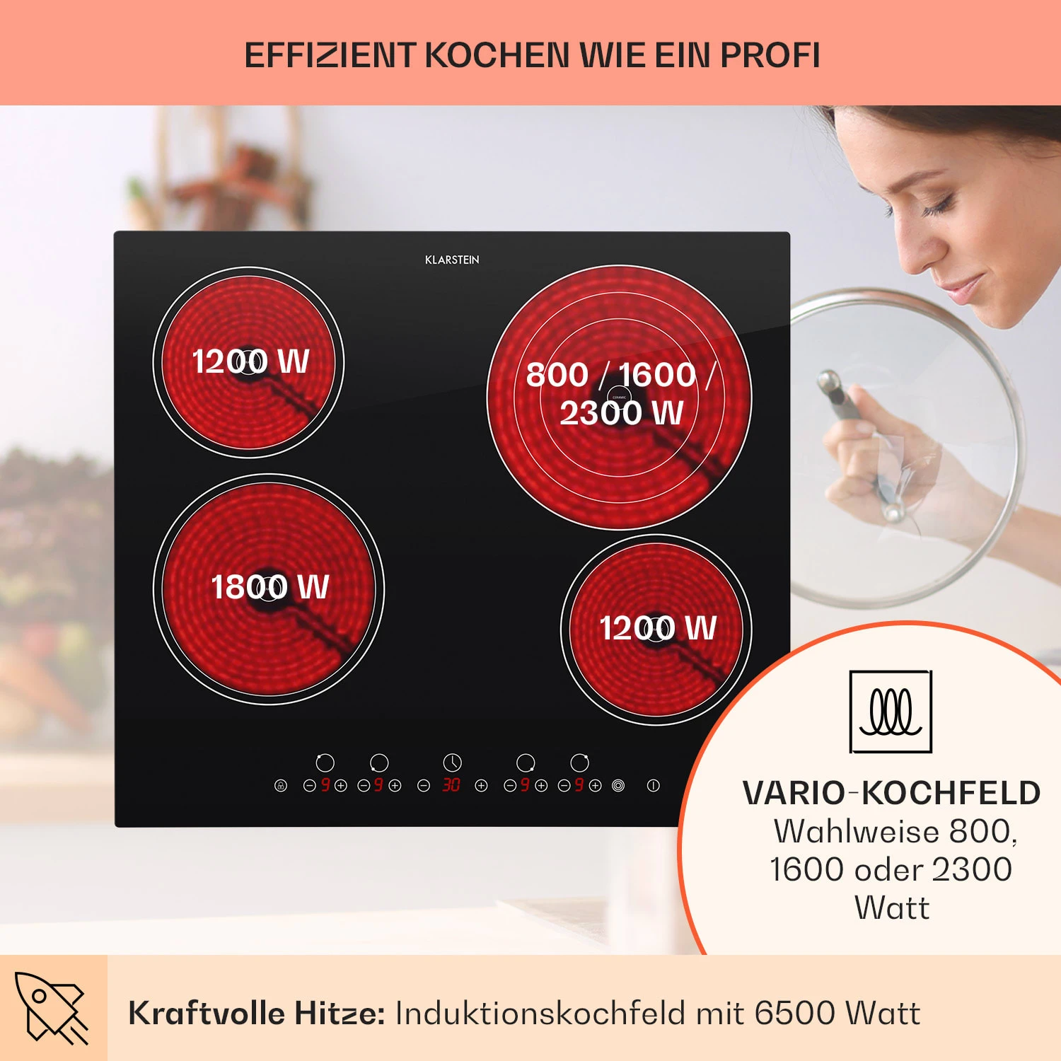 Virtuosa Keramikkochfeld Einbauherd 6500W 59x52cm 4 Zonen Glaskeramik 3 Virtuosa Keramikkochfeld Einbauherd 6500W 59x52cm 4 Zonen Glaskeramik – Bild 3