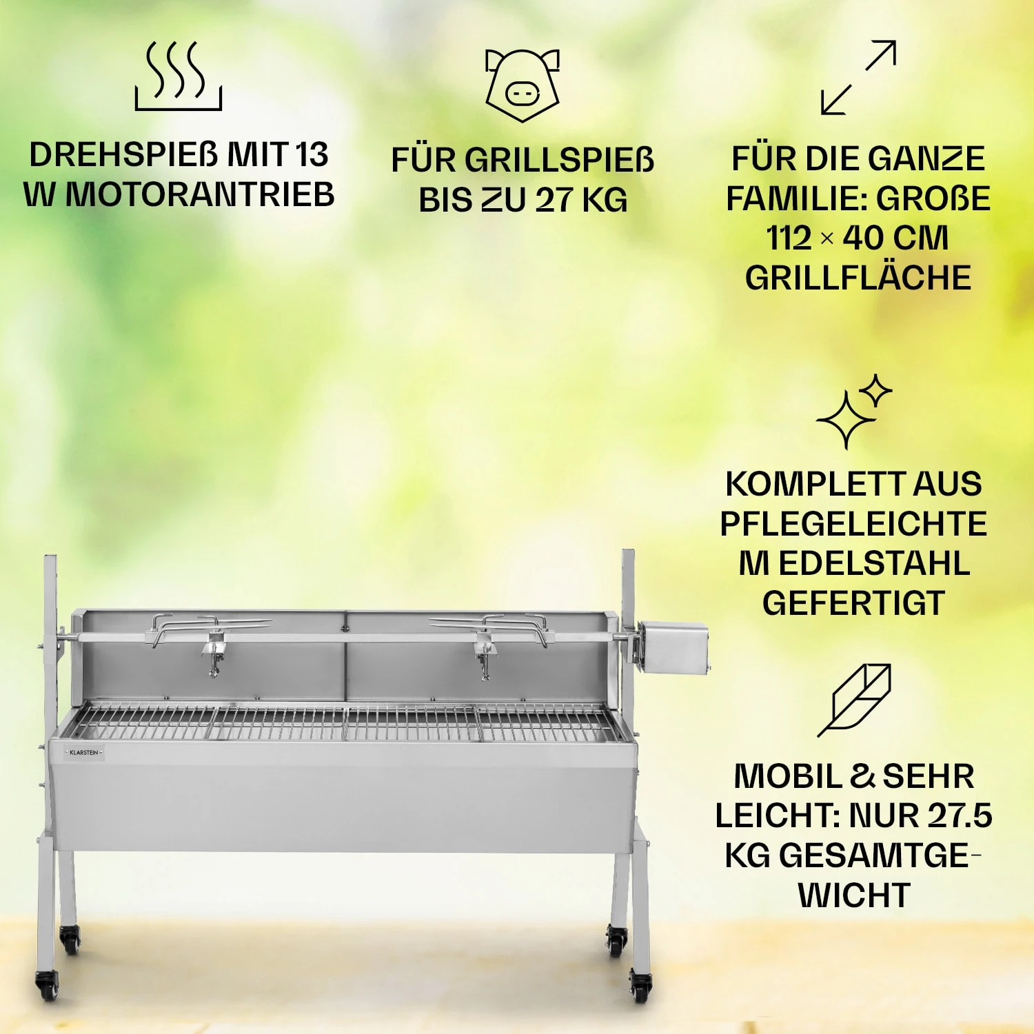 Sauenland Pro Spanferkelgrill Drehspieß 13W 4 Rollen Edelstahl 2 Sauenland Pro Spanferkelgrill Drehspieß 13W 4 Rollen Edelstahl – Bild 2