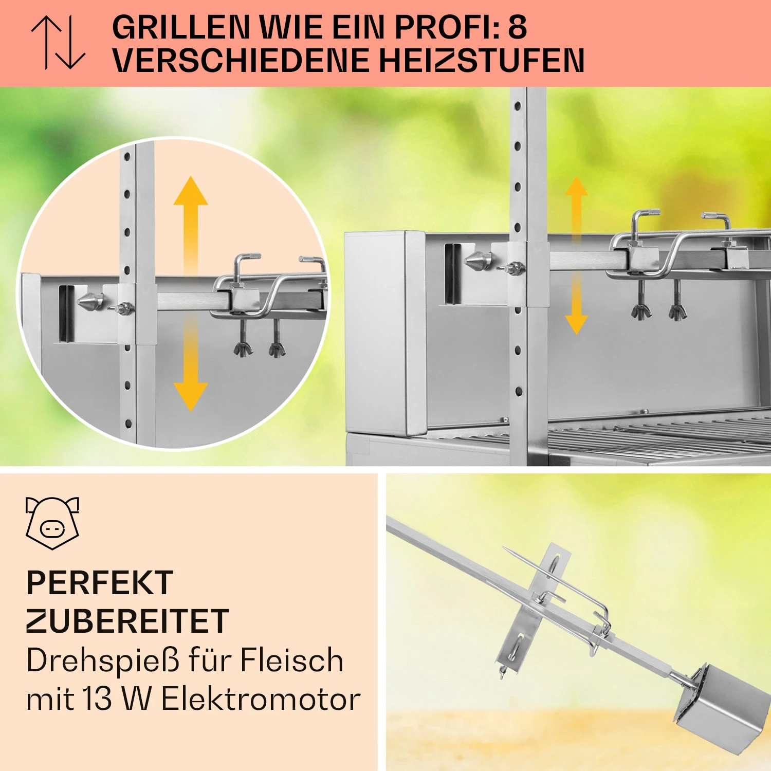 Sauenland Pro Spanferkelgrill Drehspieß 13W 4 Rollen Edelstahl 3 Sauenland Pro Spanferkelgrill Drehspieß 13W 4 Rollen Edelstahl – Bild 3
