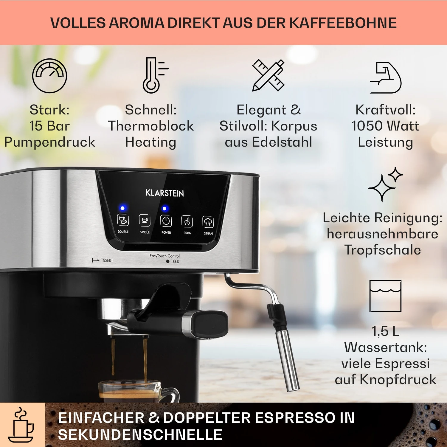 Arabica Espressomaschine 1050W 15 Bar 1,5l Touch-Bedienfeld Edelstahl 2 Arabica Espressomaschine 1050W 15 Bar 1,5l Touch-Bedienfeld Edelstahl – Bild 2