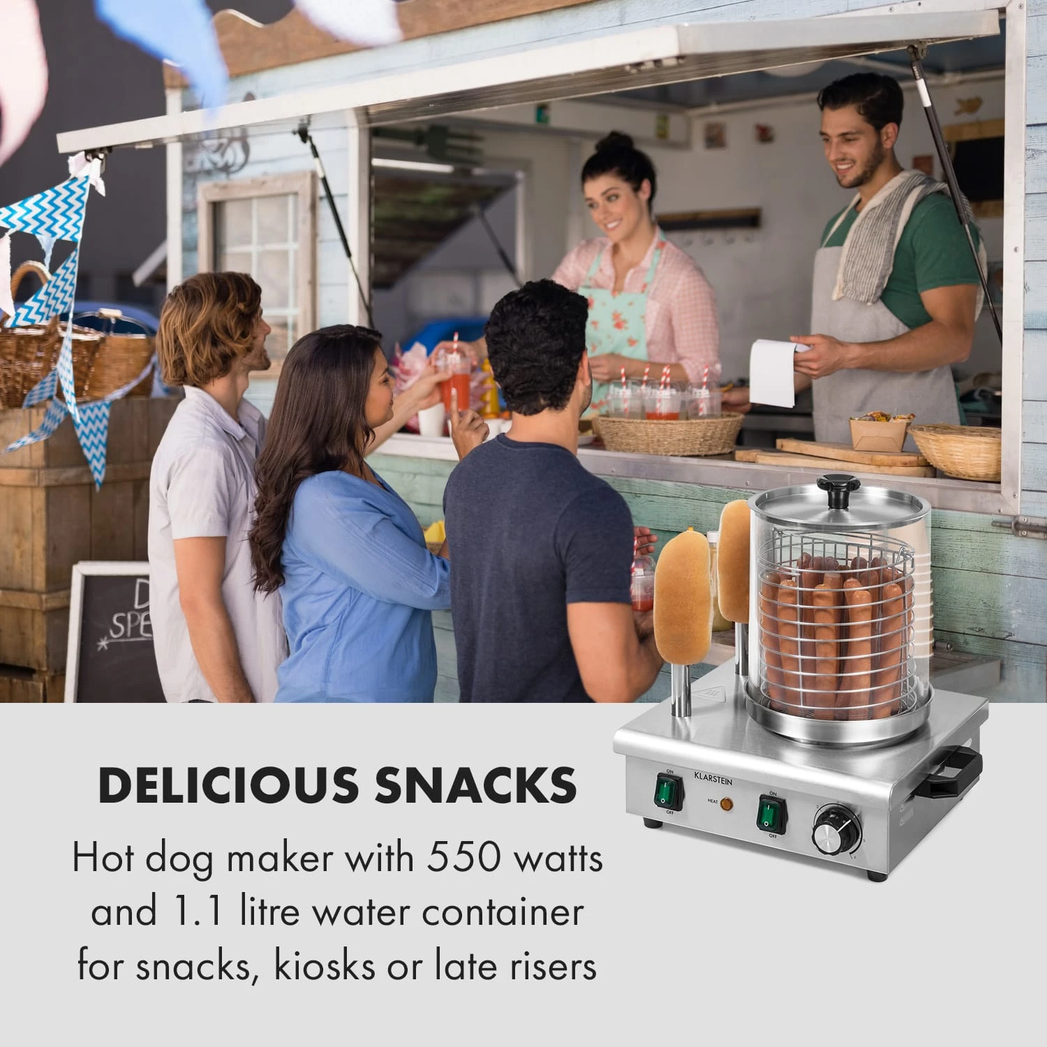 Wurstfabrik Pro 550 Hot Dog Maker 550W 2 Spieße 5L 30-100°C Edelstahl 2 Wurstfabrik Pro 550 Hot Dog Maker 550W 2 Spieße 5L 30-100°C Edelstahl – Bild 2