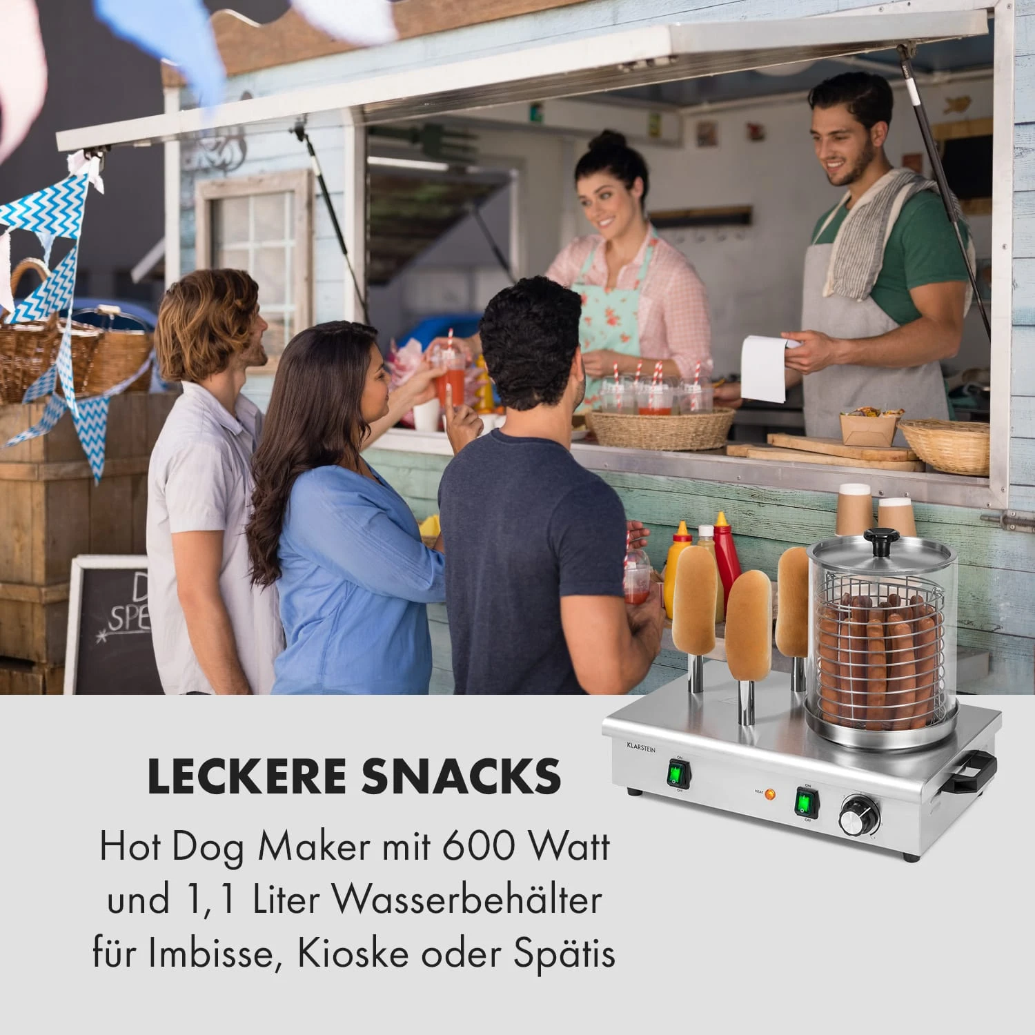Wurstfabrik 600 Hot Dog Maker 600W 3 Spieße 5L 30-100°C Glas Edelstahl 2 Wurstfabrik 600 Hot Dog Maker 600W 3 Spieße 5L 30-100°C Glas Edelstahl – Bild 2