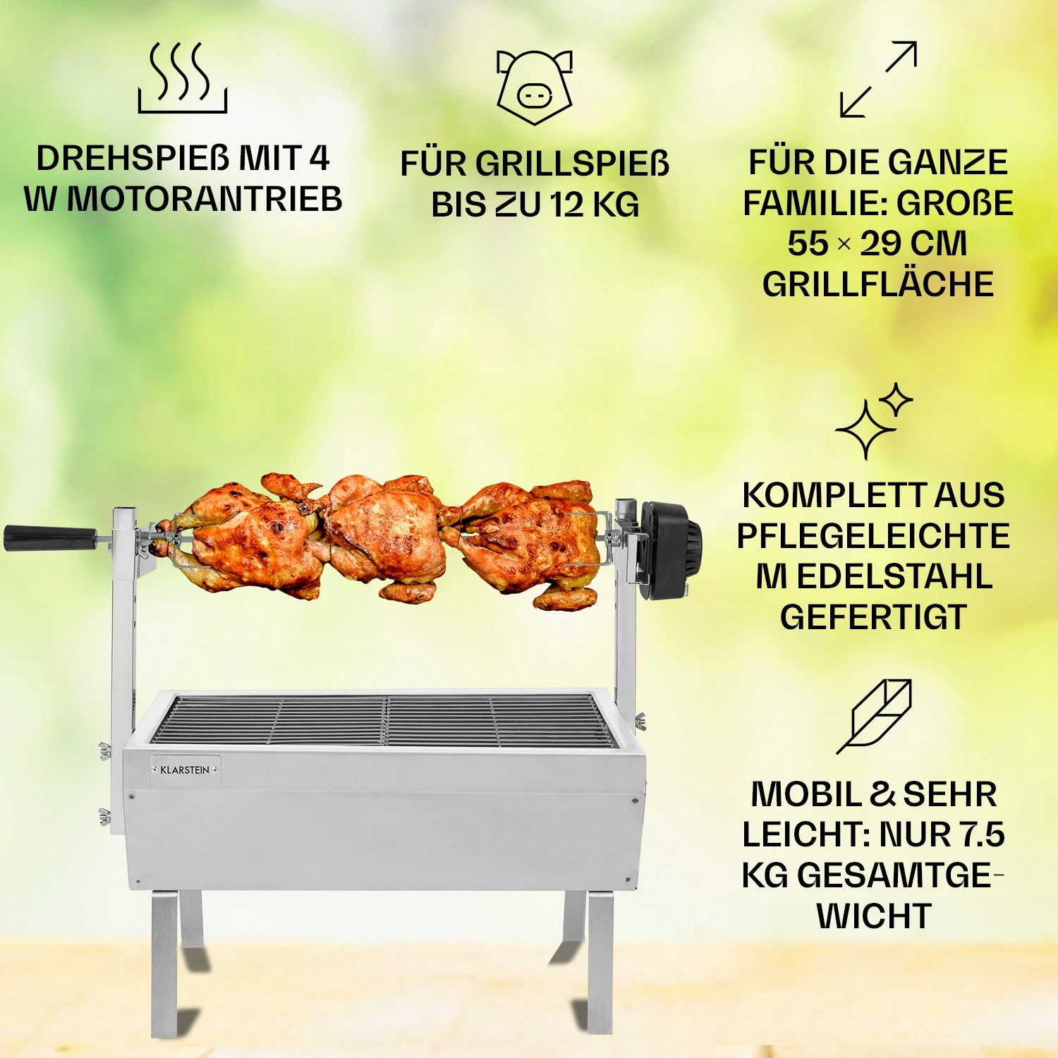 Sauenland Mini Rotisserie-Grill Drehspieß 4W 12kg Max. Edelstahl 2 Sauenland Mini Rotisserie-Grill Drehspieß 4W 12kg Max. Edelstahl – Bild 2