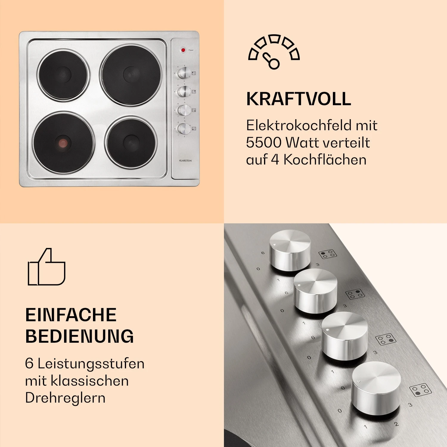 Appetito 4 Elektrokochfeld 4 Platten 6 Stufen 5500 Watt Edelstahl 3 Appetito 4 Elektrokochfeld 4 Platten 6 Stufen 5500 Watt Edelstahl – Bild 3