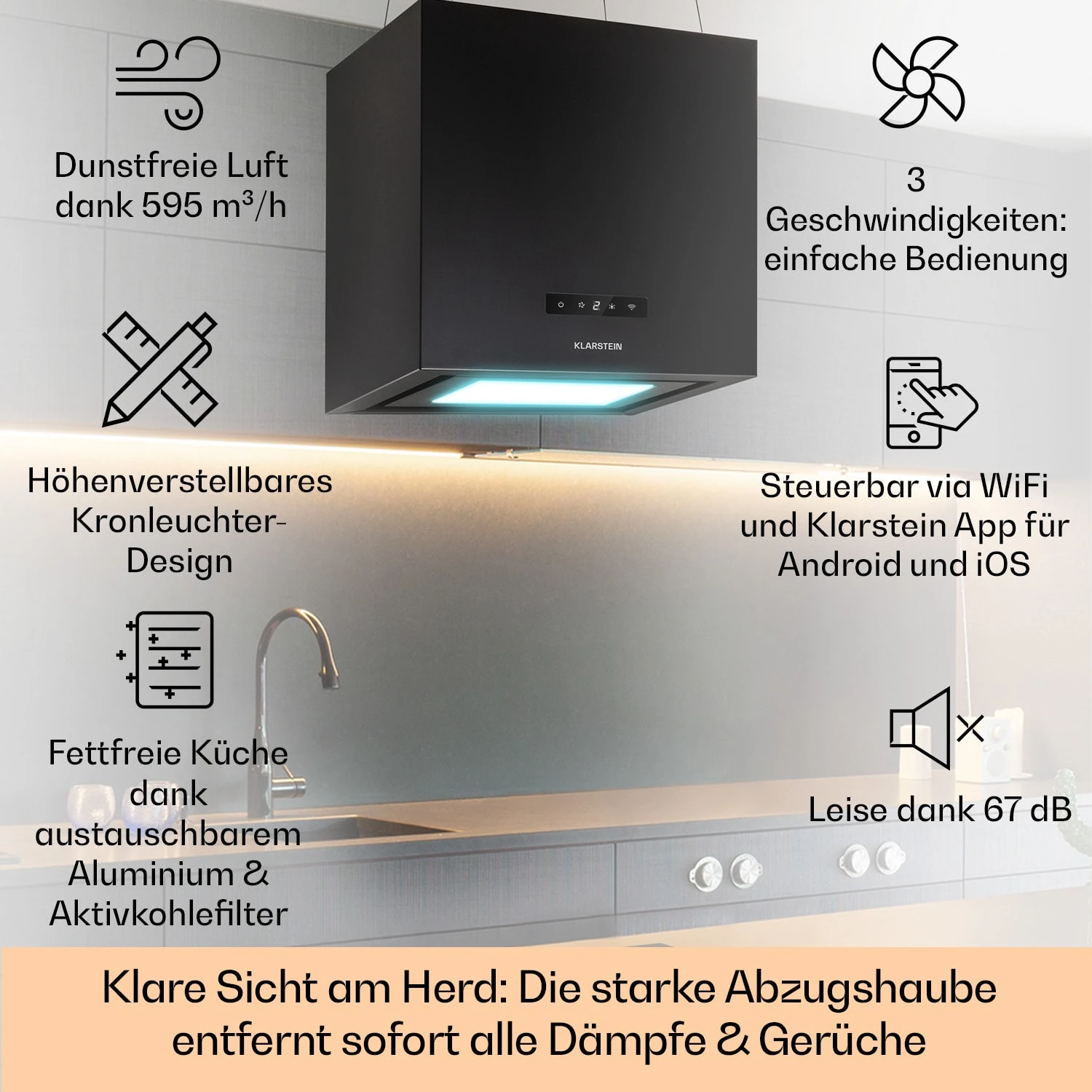 Kronleuchter Smart Inselabzugshaube 595m³/h App-Steuerung LED-Panel 2 Kronleuchter Smart Inselabzugshaube 595m³/h App-Steuerung LED-Panel – Bild 2