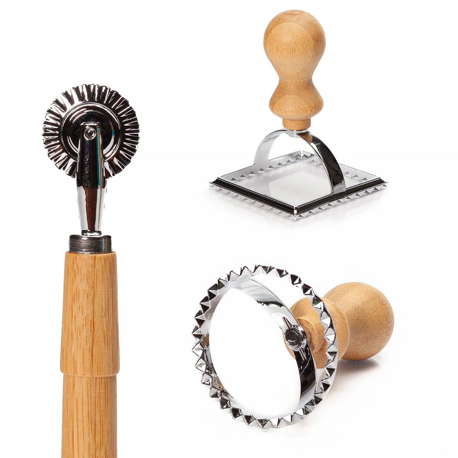 Ravioli Ausstecher 3er Set 2 Größen Rund & Eckig Teigrad Metall Bambus 6 Ravioli Ausstecher 3er Set 2 Größen Rund & Eckig Teigrad Metall Bambus – Bild 6