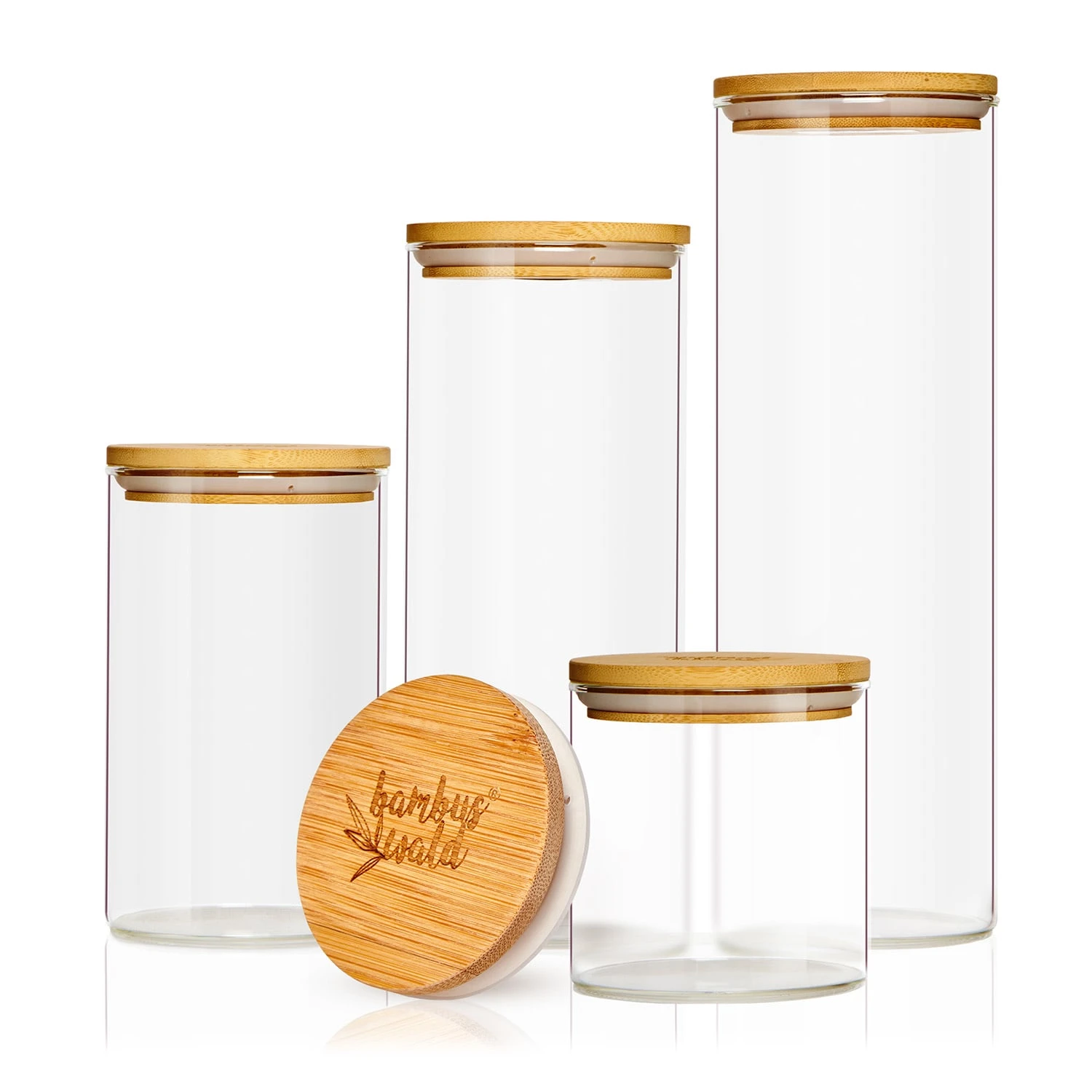 Rundes Glas Mit Bambusdeckel 4er-Set Inhalt: 600 Ml, 1000 Ml, 1500 Ml, 1800 Ml 1 Rundes Glas Mit Bambusdeckel 4er-Set Inhalt: 600 Ml, 1000 Ml, 1500 Ml, 1800 Ml