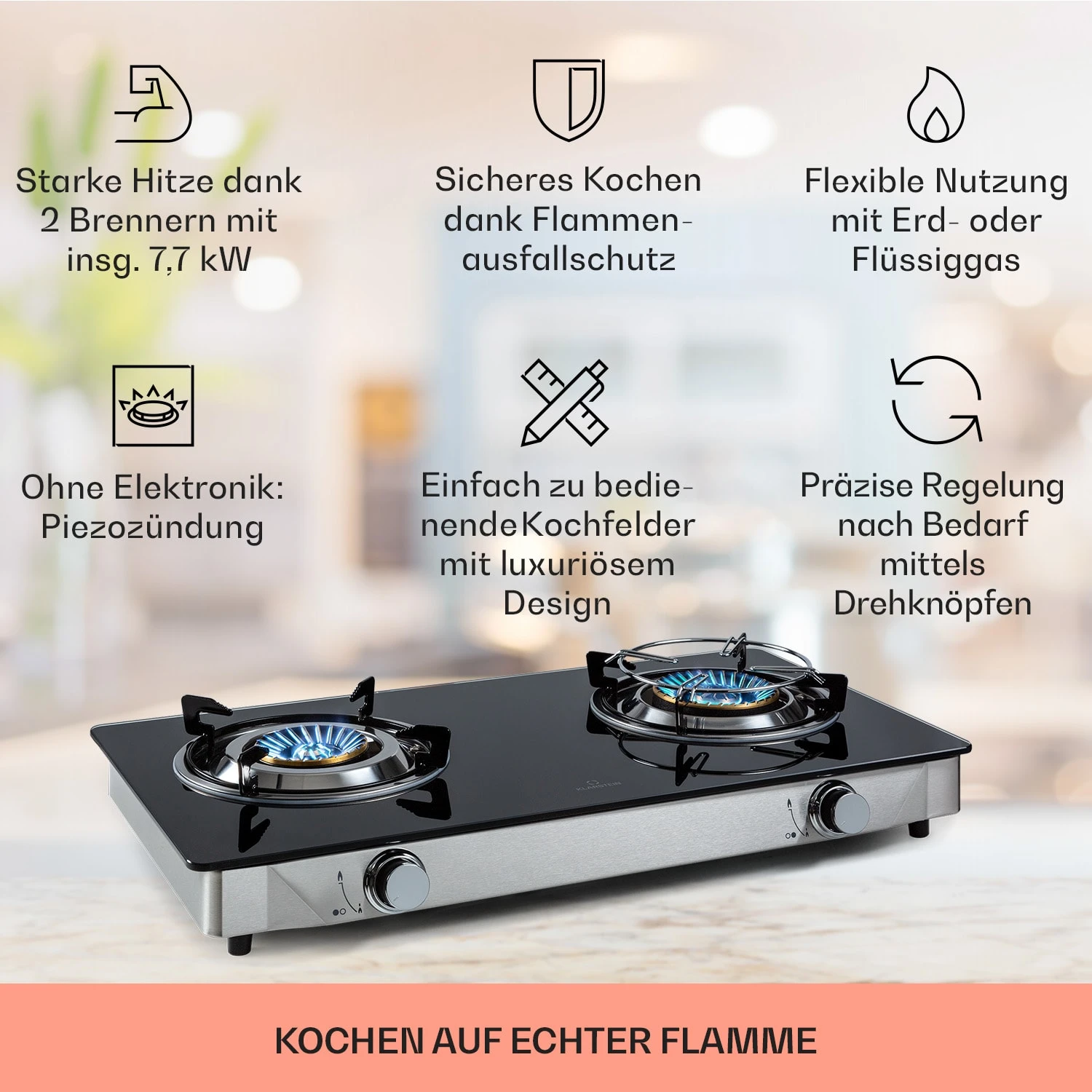 Barzona 2 Campingkocher 2 Brenner 3,4 & 4,3 KW Glasplatte Edelstahl 2 Barzona 2 Campingkocher 2 Brenner 3,4 & 4,3 KW Glasplatte Edelstahl – Bild 2