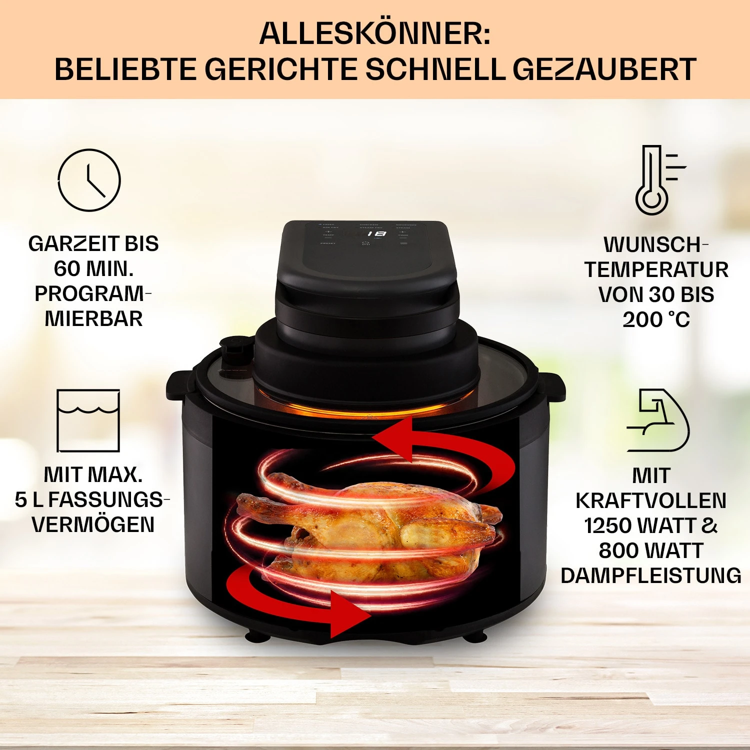Vendure Heißluftfritteuse Mit Dampffunktion 1250W 5 Liter 6 Programme 3 Vendure Heißluftfritteuse Mit Dampffunktion 1250W 5 Liter 6 Programme – Bild 3