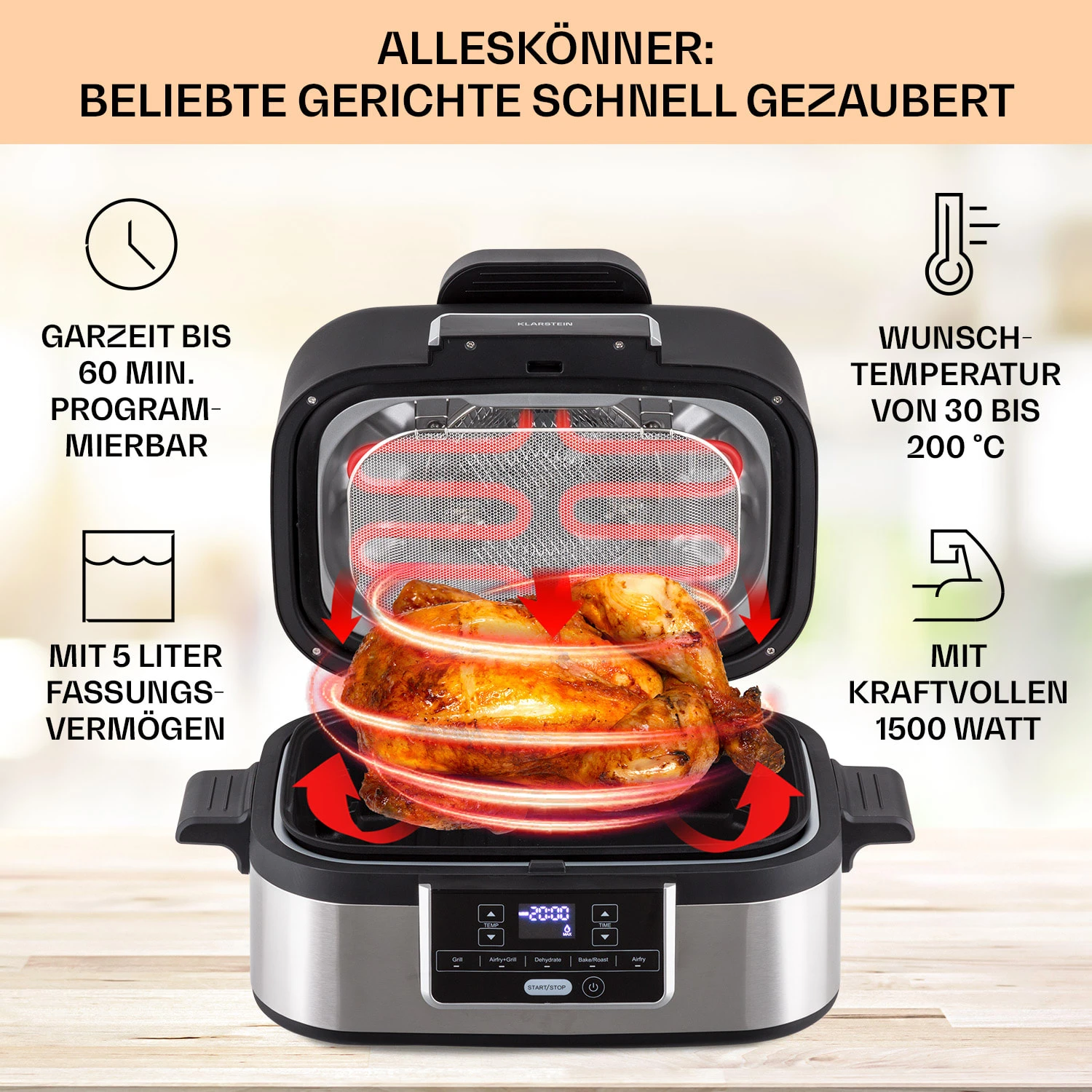 Combo Air Grill-Heißluftfritteuse 5 Programme 1500 Watt 4,5 L Grillkorb 2,5 L Frittierkorb 2 Combo Air Grill-Heißluftfritteuse 5 Programme 1500 Watt 4,5 L Grillkorb 2,5 L Frittierkorb – Bild 2