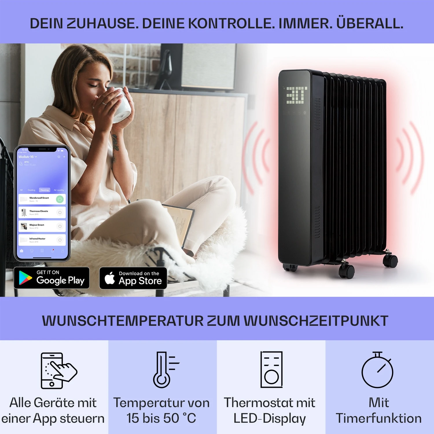 Sanford Smart Ölradiator 2500 W Leistung Wochentimer LED-Display Touch-Panel Klarstein-App 3 Sanford Smart Ölradiator 2500 W Leistung Wochentimer LED-Display Touch-Panel Klarstein-App – Bild 3