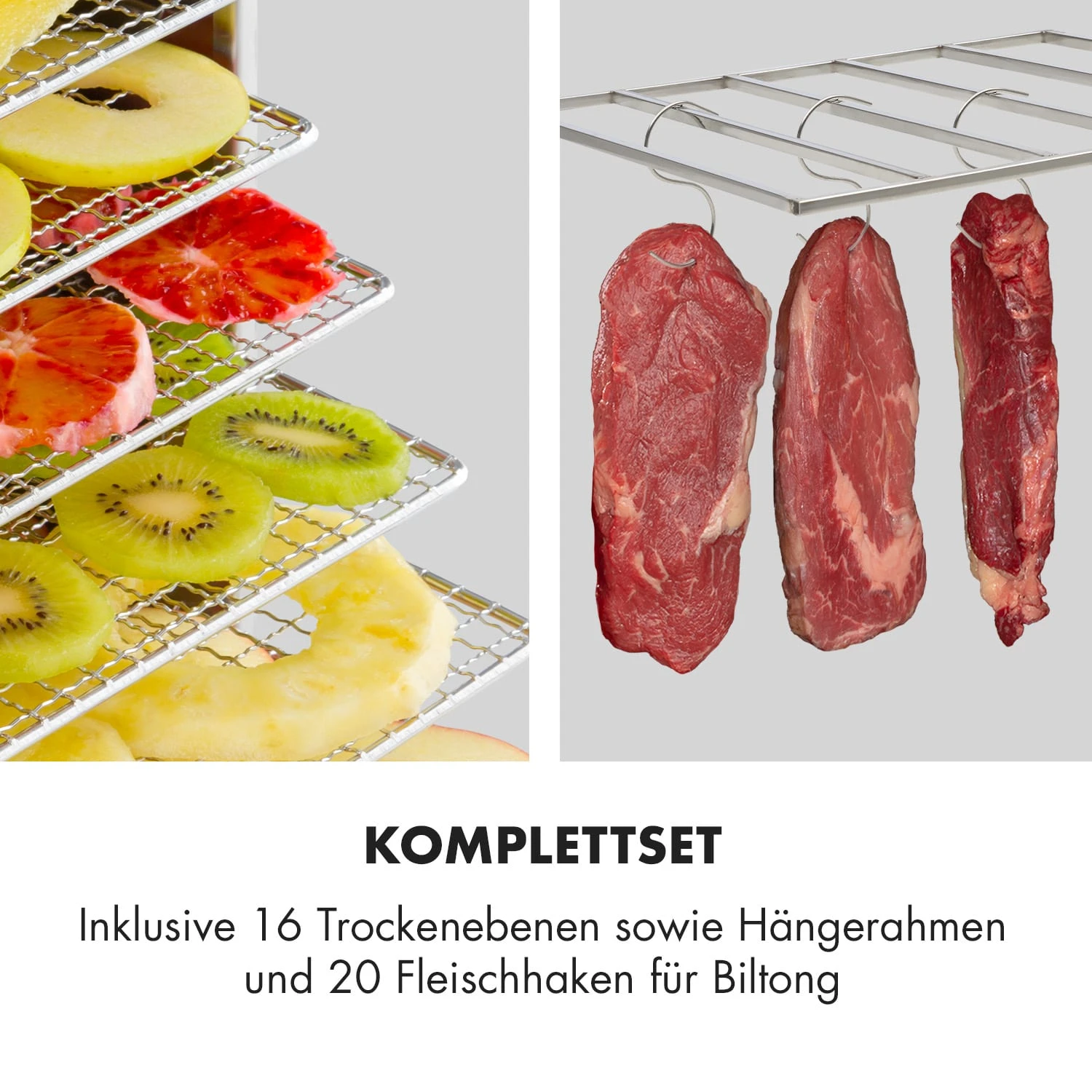 Master Jerky 16 Dörrautomat + Fleischhaken Set 1500W 40-90 °C 15h-Timer Edelstahl Silber 3 Master Jerky 16 Dörrautomat + Fleischhaken Set 1500W 40-90 °C 15h-Timer Edelstahl Silber – Bild 3